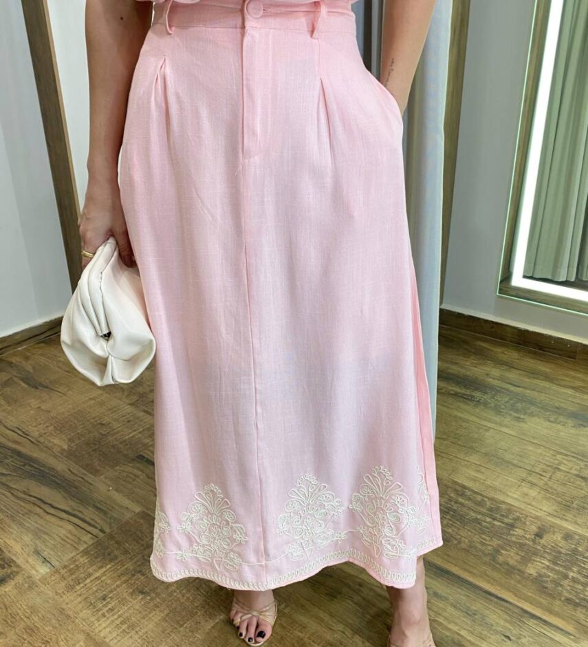 Conjunto Feminino Bordado Mia Cropped sem Bojo e Saia Longa Rosa - Fernanda Ramos Store