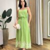 Conjunto Feminino Bordado Mia Cropped sem Bojo e Saia Longa Verde - Fernanda Ramos Store