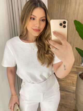 Conjunto Feminino Catarina Blusa Manga Curta e Calça Off White - Fernanda Ramos Store