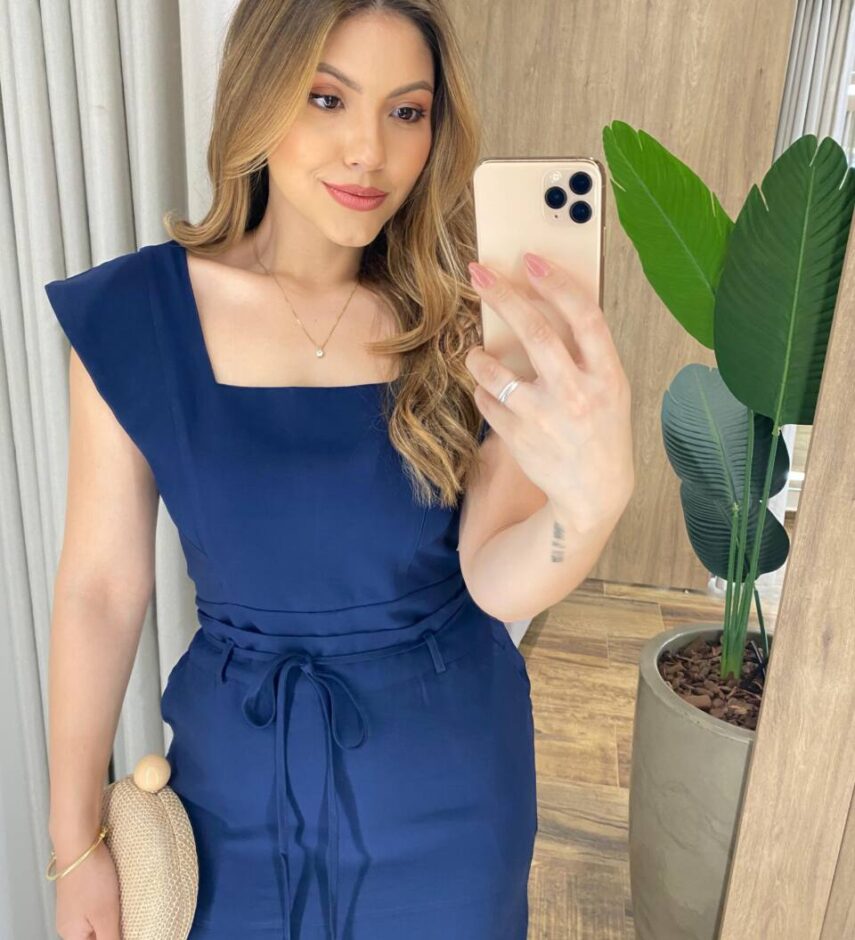 Conjunto Feminino Cropped sem Bojo e Saia Longa com Fenda Azul - Fernanda Ramos Store