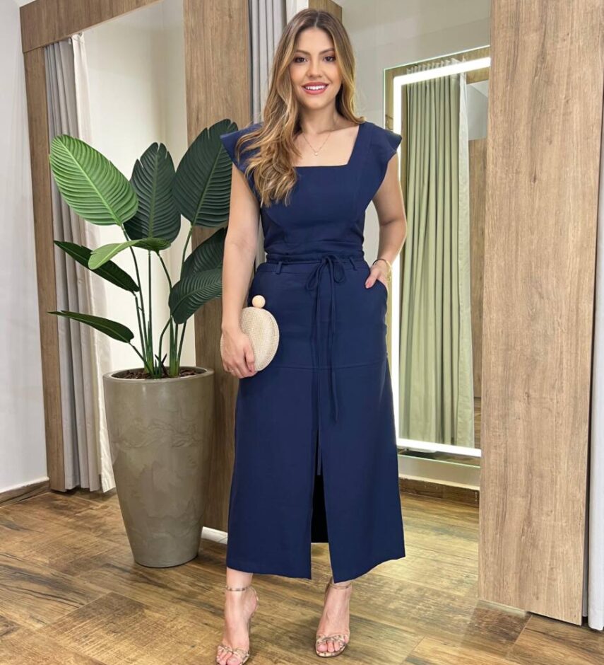 Conjunto Feminino Cropped sem Bojo e Saia Longa com Fenda Azul - Fernanda Ramos Store