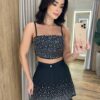 Conjunto Feminino Cropped sem Bojo e Short Saia Preto com Aplicações - Fernanda Ramos Store