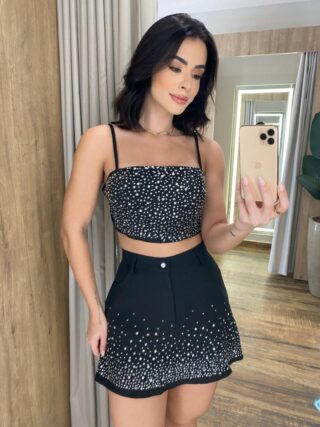 Conjunto Feminino Cropped sem Bojo e Short Saia Preto com Aplicações - Fernanda Ramos Store