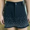 Conjunto Feminino Cropped sem Bojo e Short Saia Preto com Aplicações - Fernanda Ramos Store