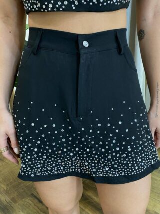 Conjunto Feminino Cropped sem Bojo e Short Saia Preto com Aplicações - Fernanda Ramos Store