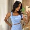 Conjunto Feminino Emilly Cropped sem Bojo e Saia Midi Azul - Fernanda Ramos Store