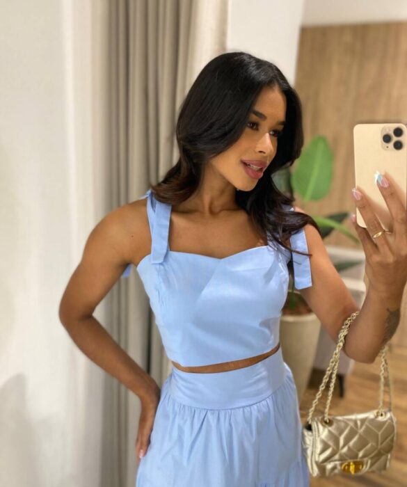 Conjunto Feminino Emilly Cropped sem Bojo e Saia Midi Azul - Fernanda Ramos Store