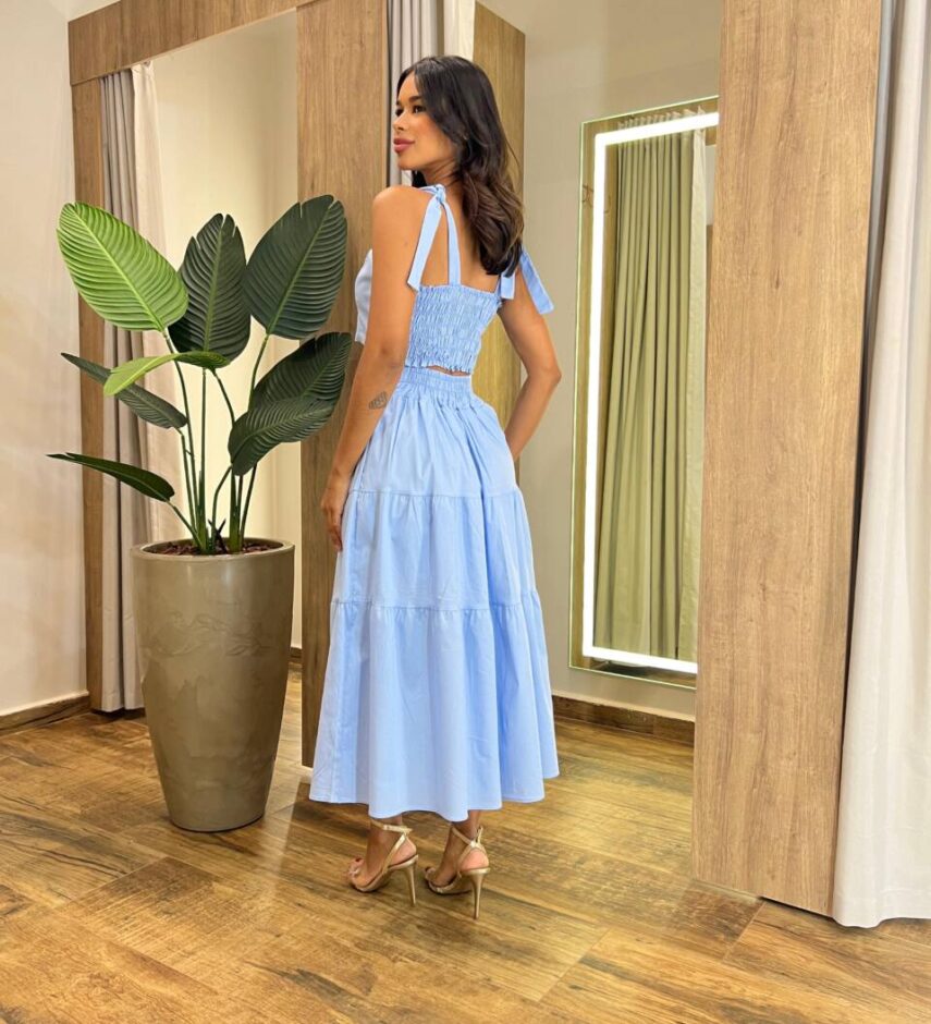Conjunto Feminino Emilly Cropped sem Bojo e Saia Midi Azul - Fernanda Ramos Store