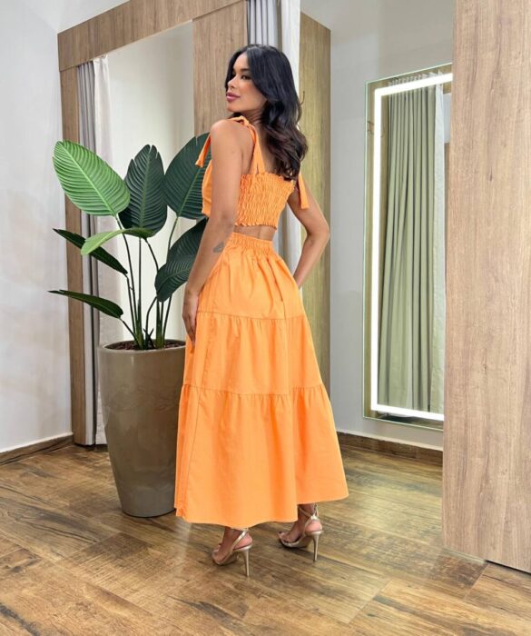 Conjunto Feminino Emilly Cropped sem Bojo e Saia Midi Laranja - Fernanda Ramos Store