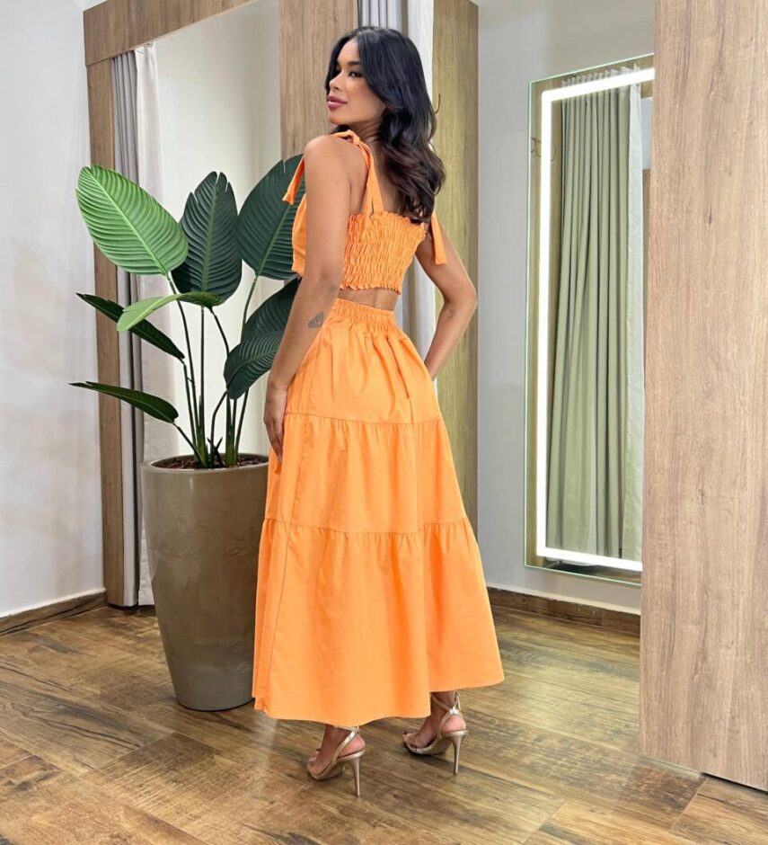 Conjunto Feminino Emilly Cropped sem Bojo e Saia Midi Laranja - Fernanda Ramos Store