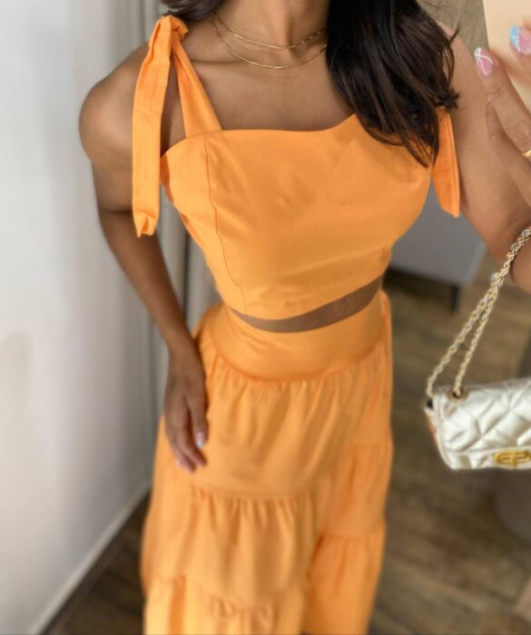 Conjunto Feminino Emilly Cropped sem Bojo e Saia Midi Laranja - Fernanda Ramos Store