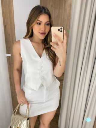 Conjunto Feminino Laís Colete e Short Saia Off White - Fernanda Ramos Store