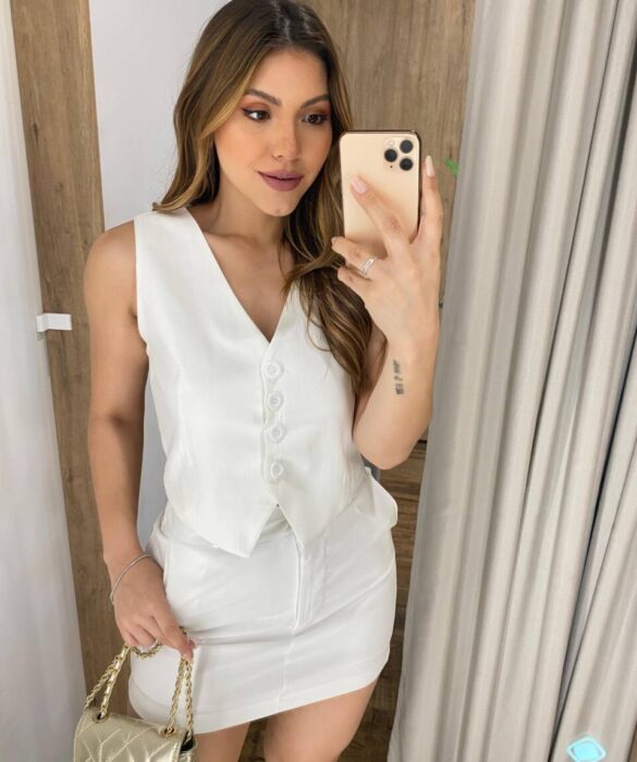 Conjunto Feminino Laís Colete e Short Saia Off White - Fernanda Ramos Store