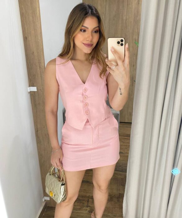 Conjunto Feminino Laís Colete e Short Saia Rosa Bebê - Fernanda Ramos Store