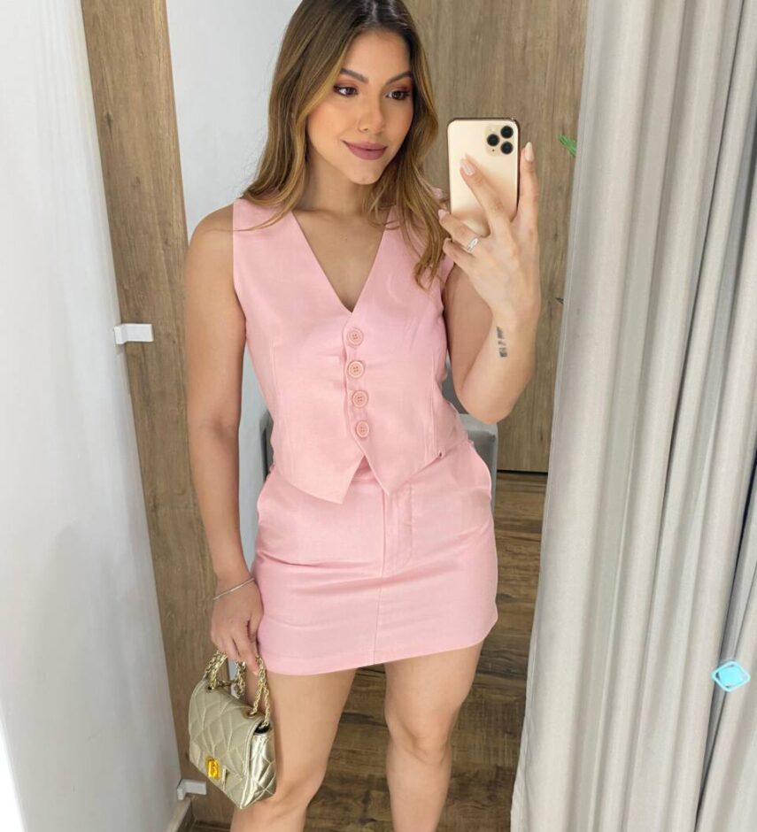 Conjunto Feminino Laís Colete e Short Saia Rosa Bebê - Fernanda Ramos Store