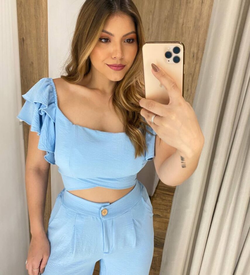 Conjunto Feminino Zoe Cropped com Bojo e Calça Pantalona Azul - Fernanda Ramos Store