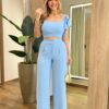 Conjunto Feminino Zoe Cropped com Bojo e Calça Pantalona Azul - Fernanda Ramos Store