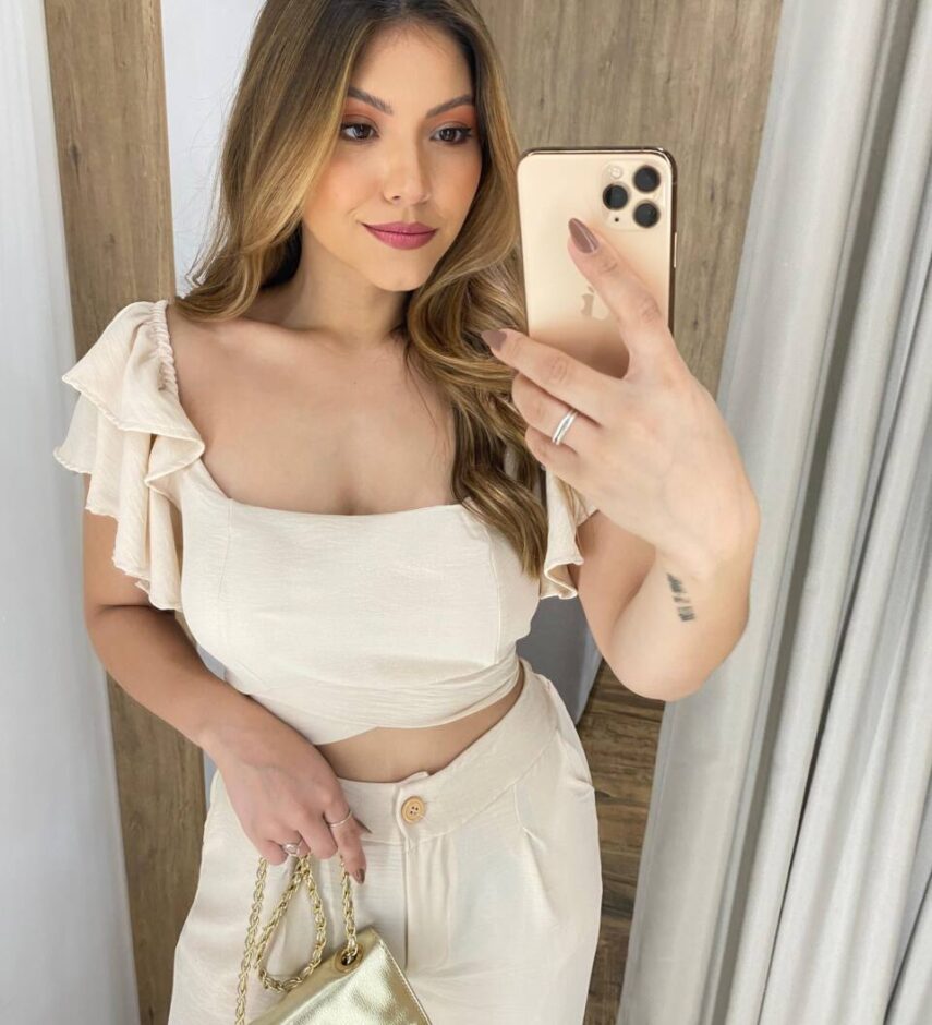 Conjunto Feminino Zoe Cropped com Bojo e Calça Pantalona Nude - Fernanda Ramos Store