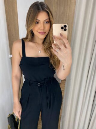 Conjunto Flor Viscolinho Cropped sem Bojo e Calça Pantalona Preto - Fernanda Ramos Store