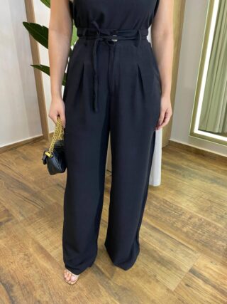 Conjunto Flor Viscolinho Cropped sem Bojo e Calça Pantalona Preto - Fernanda Ramos Store