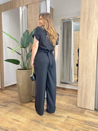 Cropped Feminino Alongado Preto Listrado com Amarração Atrás - Fernanda Ramos Store