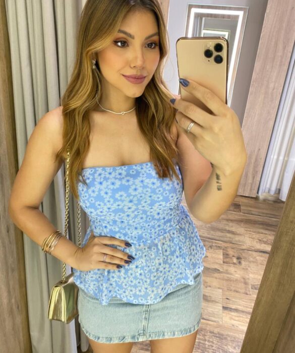 Cropped Feminino Peplum Nara Tule com Bojo Azul Estampado - Fernanda Ramos Store