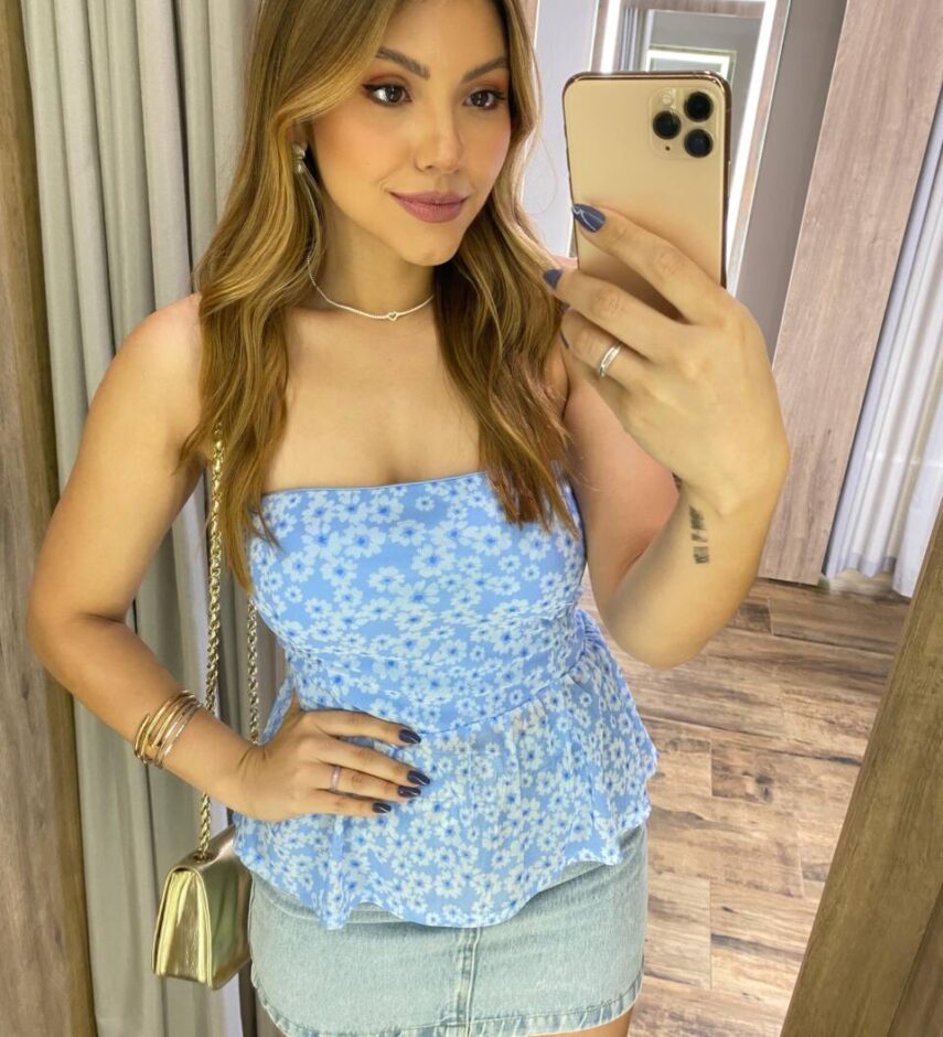 Cropped Feminino Peplum Nara Tule com Bojo Azul Estampado - Fernanda Ramos Store