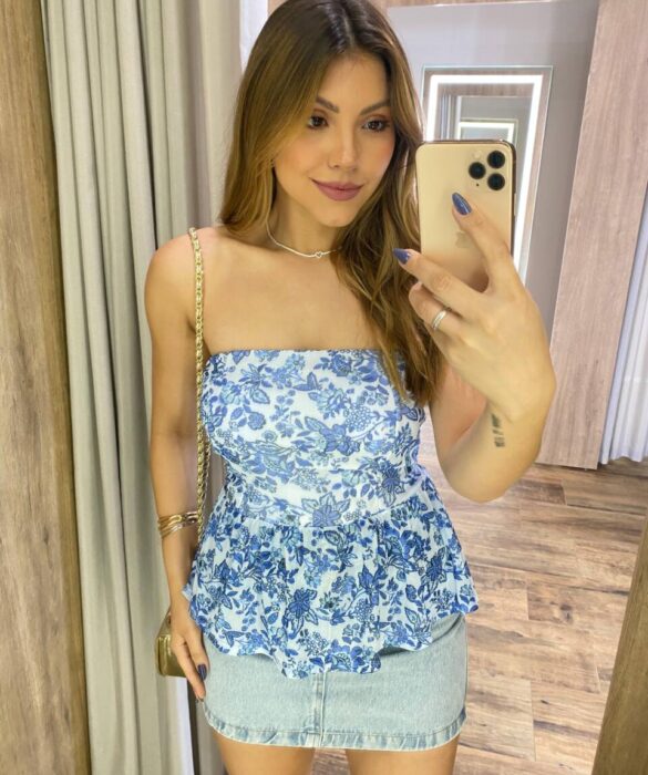 Cropped Feminino Peplum Nara Tule com Bojo Branco Estampado - Fernanda Ramos Store