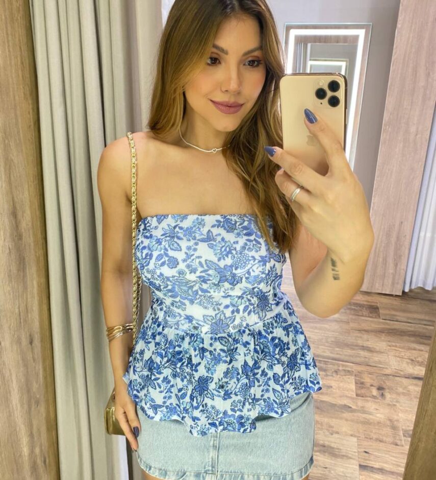 Cropped Feminino Peplum Nara Tule com Bojo Branco Estampado - Fernanda Ramos Store