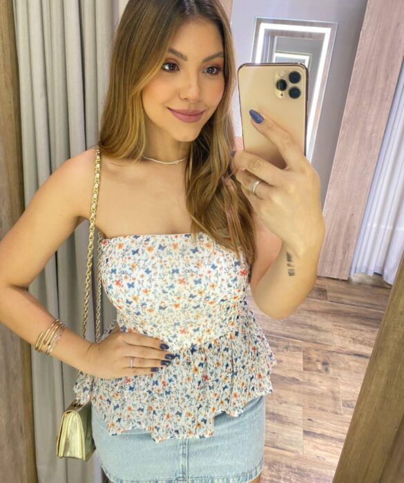 Cropped Feminino Peplum Nara Tule com Bojo Off White Estampado - Fernanda Ramos Store