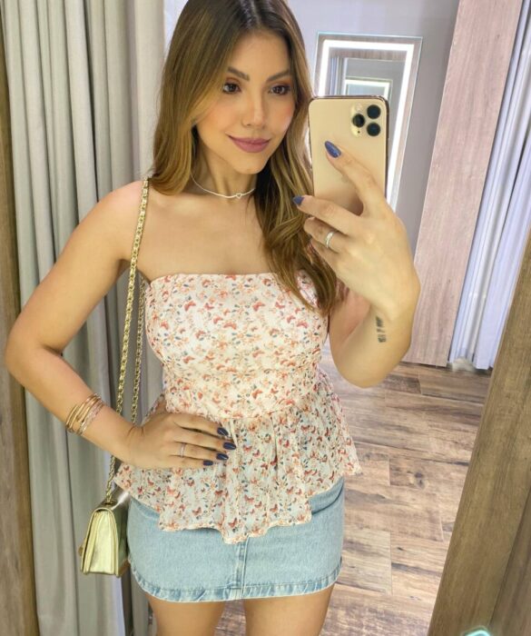 Cropped Feminino Peplum Nara Tule com Bojo Salmão Estampado - Fernanda Ramos Store