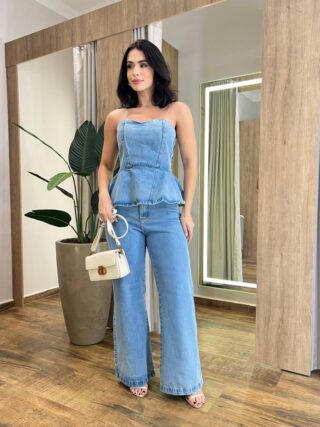 Cropped Feminino Peplum sem Bojo com Zíper Atrás Jeans 12382 - Fernanda Ramos Store