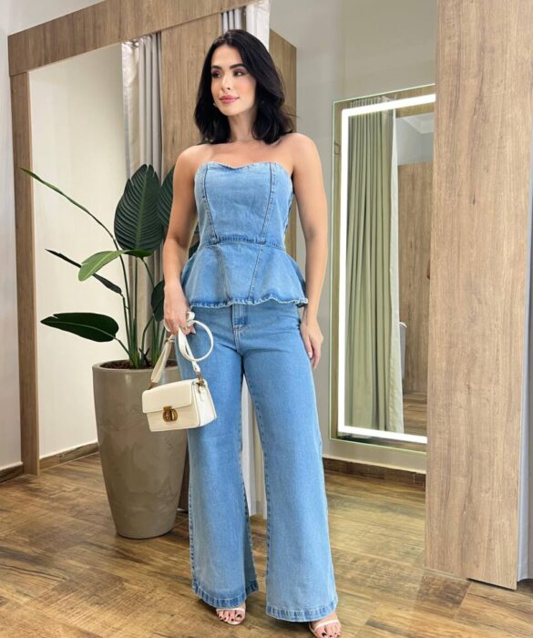 Cropped Feminino Peplum sem Bojo com Zíper Atrás Jeans 12382 - Fernanda Ramos Store