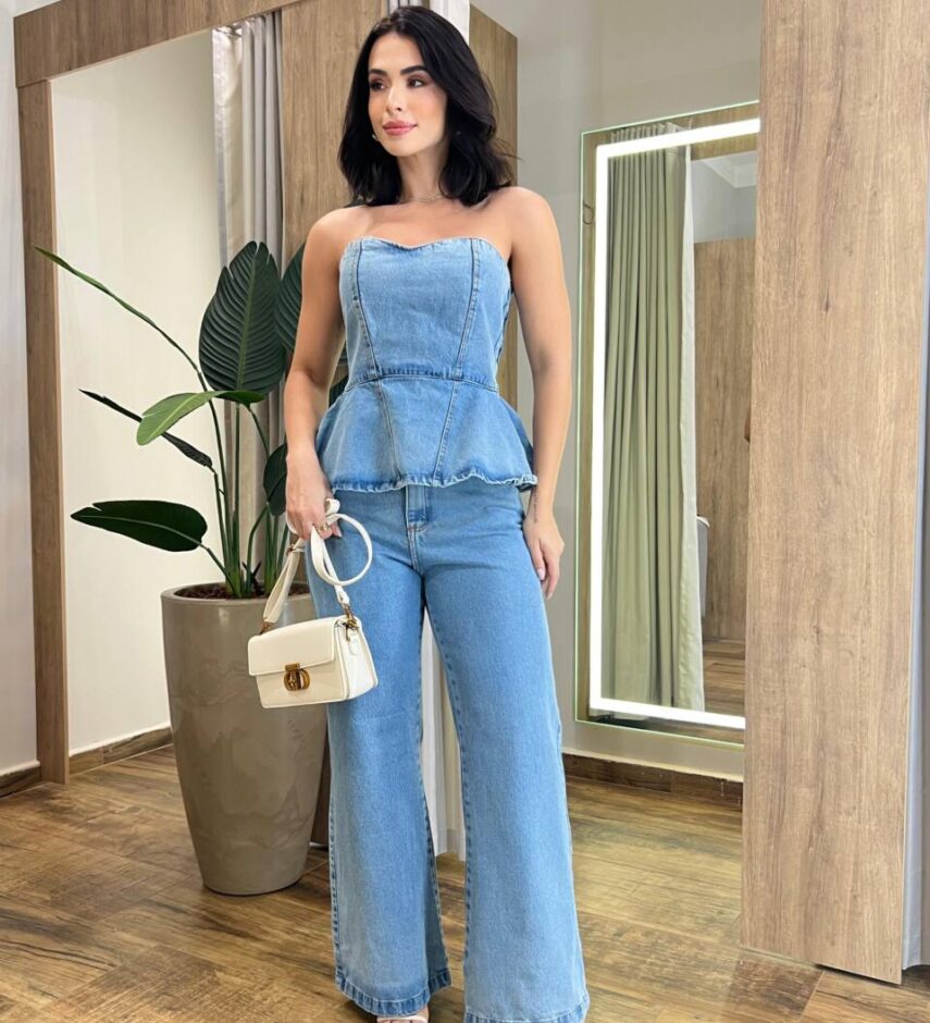 Cropped Feminino Peplum sem Bojo com Zíper Atrás Jeans 12382 - Fernanda Ramos Store