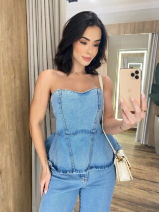 Cropped Feminino Peplum sem Bojo com Zíper Atrás Jeans 12382 - Fernanda Ramos Store