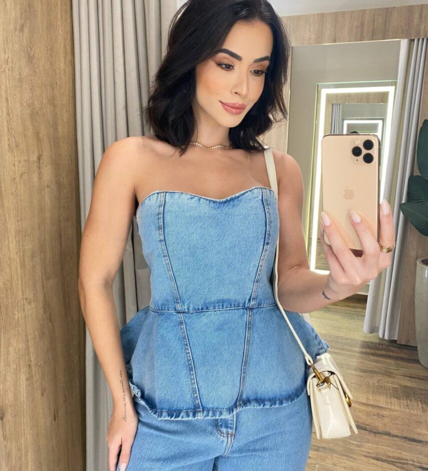 Cropped Feminino Peplum sem Bojo com Zíper Atrás Jeans 12382 - Fernanda Ramos Store
