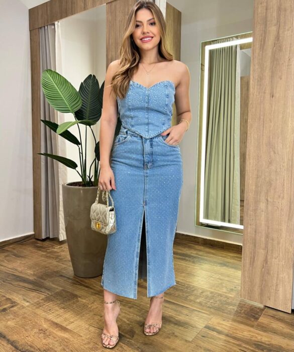 Cropped Feminino Stephanie sem Bojo com Lastex e Aplicações Jeans - Fernanda Ramos Store