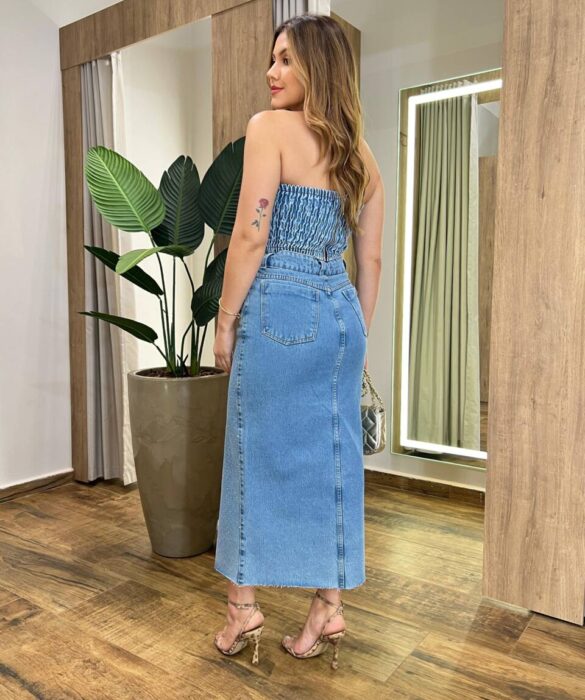 Cropped Feminino Stephanie sem Bojo com Lastex e Aplicações Jeans - Fernanda Ramos Store