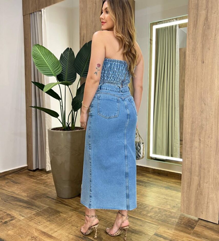 Cropped Feminino Stephanie sem Bojo com Lastex e Aplicações Jeans - Fernanda Ramos Store