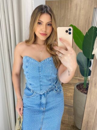 Cropped Feminino Stephanie sem Bojo com Lastex e Aplicações Jeans - Fernanda Ramos Store