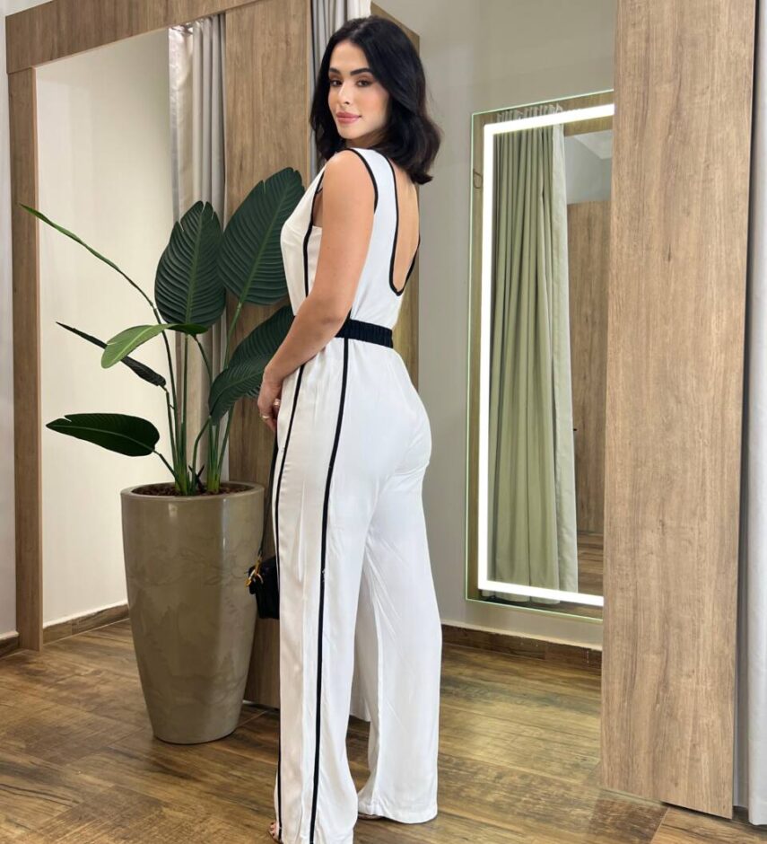 Macacão Feminino Longo Bia Branco sem Bojo com Cinto e Zíper Atrás - Fernanda Ramos Store