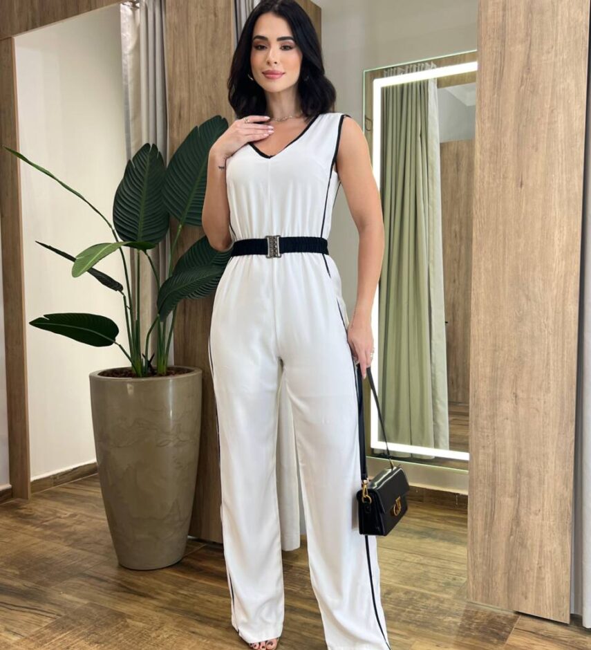 Macacão Feminino Longo Bia Branco sem Bojo com Cinto e Zíper Atrás - Fernanda Ramos Store