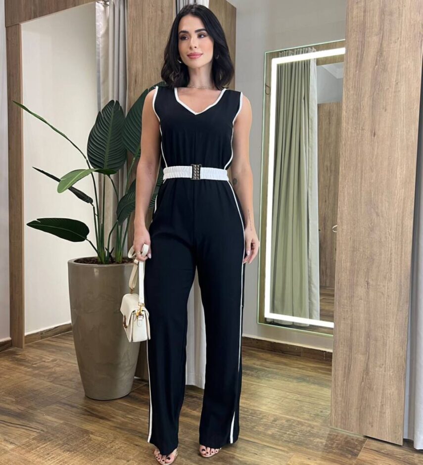 Macacão Feminino Longo Bia Preto sem Bojo com Cinto e Zíper Atrás - Fernanda Ramos Store