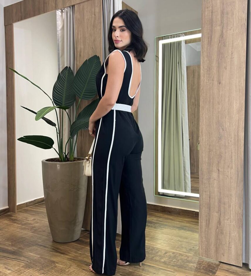 Macacão Feminino Longo Bia Preto sem Bojo com Cinto e Zíper Atrás - Fernanda Ramos Store