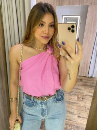 Regata Feminina Mel Nula Manga Rosa com Detalhe - Fernanda Ramos Store