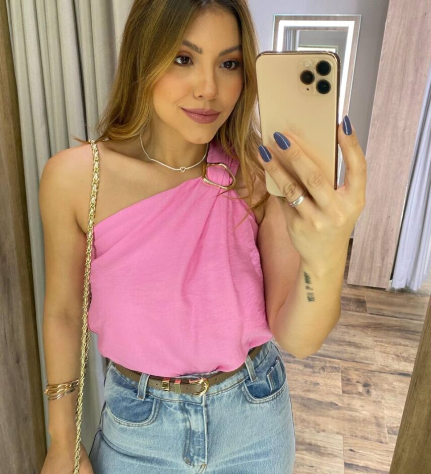 Regata Feminina Mel Nula Manga Rosa com Detalhe - Fernanda Ramos Store