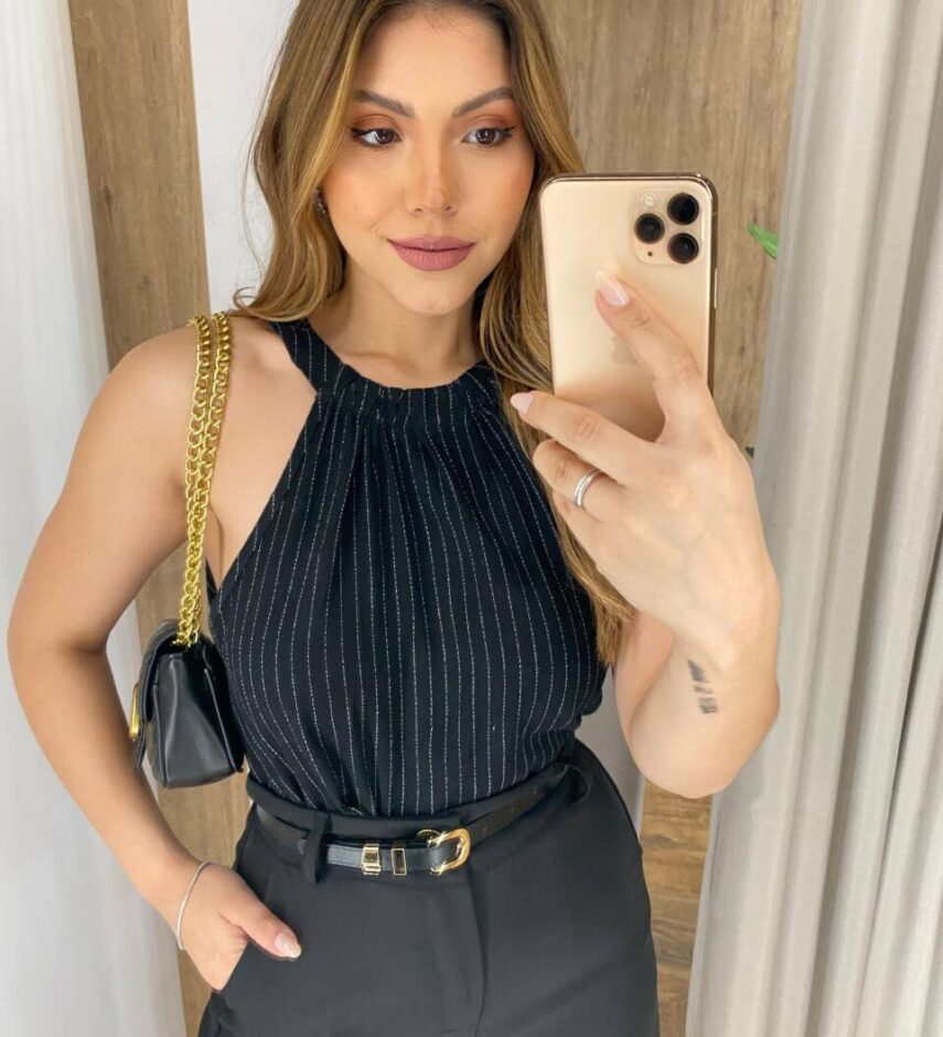 Regata Feminina Viscolinho Lorena Preta Listrada - Fernanda Ramos Store