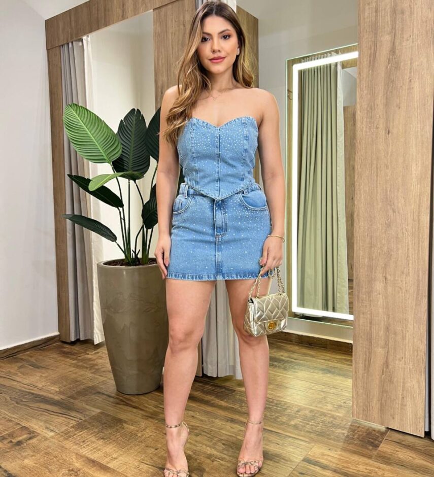 Saia Feminina Curta Ayla com Aplicações Jeans - Fernanda Ramos Store