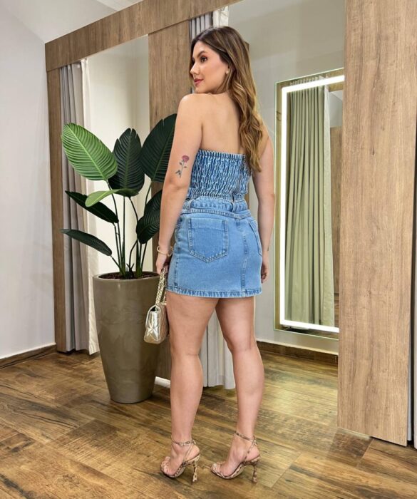 Saia Feminina Curta Ayla com Aplicações Jeans - Fernanda Ramos Store