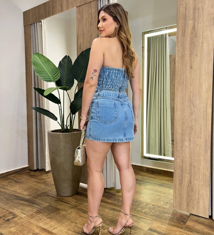 Saia Feminina Curta Ayla com Aplicações Jeans - Fernanda Ramos Store